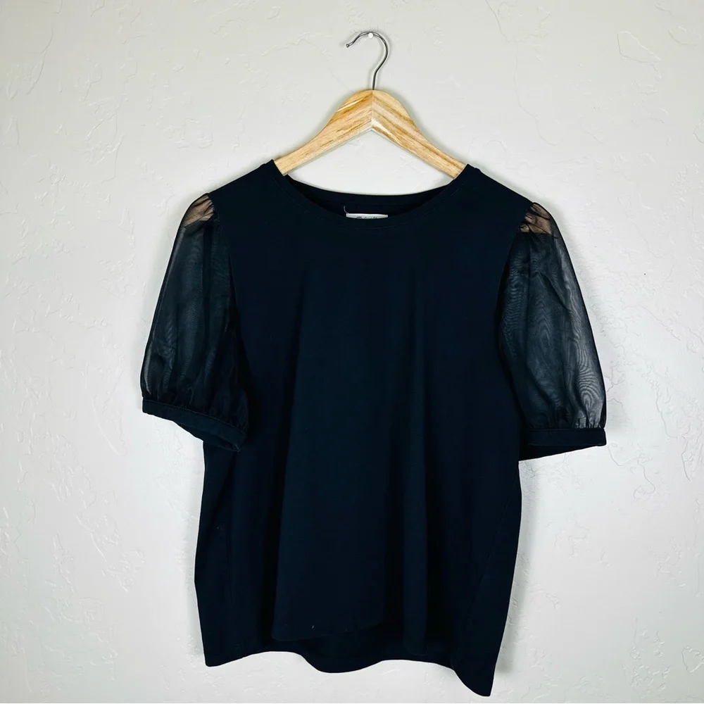 Madewell Women’s Black Sheer-Sleeve Knit Top Size Large - Picture 4 of 9